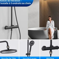 Colonne De Douche Thermostatique Securite 38C Jet Pluie Hauteur Reglable 1006 A 1206 mm Structure Inox Noire