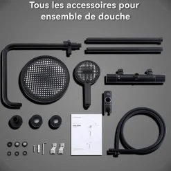 Colonne De Douche Thermostatique Securite 38C Jet Pluie Hauteur Reglable 1006 A 1206 mm Structure Inox Noire