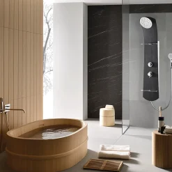 Colonne de douche thermostatique avec tablettes, pomme de tête, douchette et flexible, noir, Valentin Nautilus