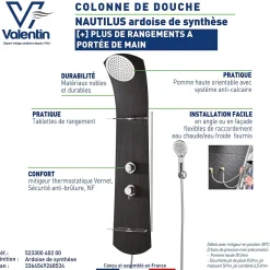 Colonne de douche thermostatique avec tablettes, pomme de tête, douchette et flexible, noir, Valentin Nautilus