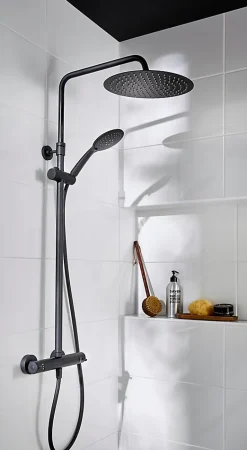 Colonne de douche thermostatique avec pommeau + douchette 3 jets + flexible + barre réglable, noir mat, GoodHome Weddell