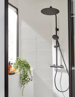 Colonne de douche thermostatique avec pommeau + douchette 3 jets + flexible + barre réglable, noir mat, GoodHome Weddell