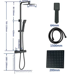 Colonne de douche thermostatique avec pomme de tête, Carré,noir mat, AICA