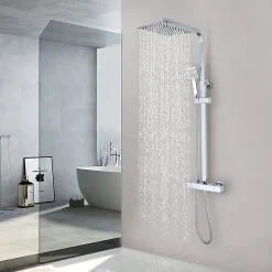 Colonne de Douche Thermostatique, avec Mitigeur Réglable Hauteur, Argentée