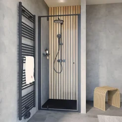 Colonne de douche thermostatique avec pommeau + douchette + flexible + barre réglable, coloris noir mat, Schulte Rain