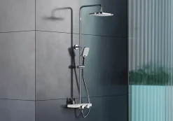 Colonne de douche thermostatique laiton, mitigeur de douche + tablette en verre - Chrome / Blanc - Assemblée, Silencieux - BS371