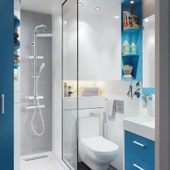 Colonne de douche thermostatique anti-brûlure avec tablette, pomme de tête ronde, douchette et flexible, chrome, Valentin Opium