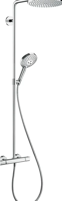 Colonne de douche thermostatique avec pommeau + douchette 1 jet + flexible + barre réglable, chrome, Hansgrohe Raindance Select S 240 PowderRain