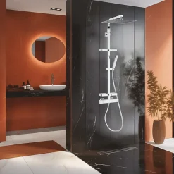 Colonne de douche thermostatique avec tablettes, pomme de tête, douchette et flexible, chrome, Valentin Touareg