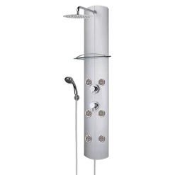 Colonne de douche thermostatique hydromassante 6 buses avec tablette, pomme de tête, douchette 3 jets et flexible, gris, Valentin Totem Alu