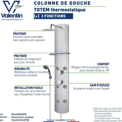 Colonne de douche thermostatique hydromassante 6 buses avec tablette, pomme de tête, douchette 3 jets et flexible, gris, Valentin Totem Alu