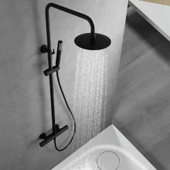 Colonne de douche thermostatique noire mat en acier et laiton avec douchette extensible