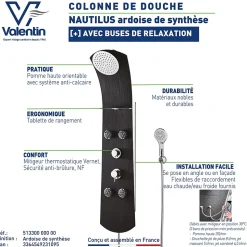 Colonne de douche thermostatique hydromassante 4 buses avec tablette, pomme de tête, douchette 3 jets et flexible, noir mat, Valentin Nautilus