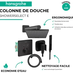 Colonne de douche thermostatique HANSGROHE ShowerSelect E Douche de tête Vernis Shape Flexible Isiflex Douchette PulsifyE noir mat