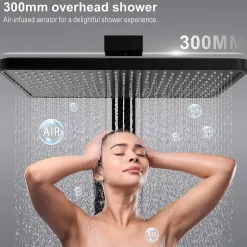 Colonne de Douche Thermostatique avec Tablette Sécurité 38C Jet Pluie et Cascade Aluminium Noir