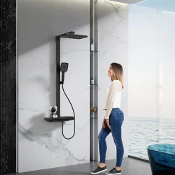 Colonne de Douche Thermostatique avec Tablette Sécurité 38C Jet Pluie et Cascade Aluminium Noir