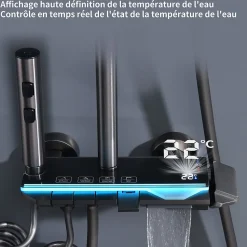 Colonne de Douche Thermostatique avec Étagère Jet Pluie et Cascade Hauteur Réglable 800-1000 mm Verre et Laiton Gris anthracite