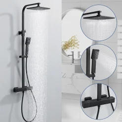 Colonne de Douche Thermostatique Noir 38C Systeme de Douche en Acier Inox Hauteur Reglable 855 a 1105 mm avec Douchette