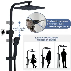 Colonne de Douche Thermostatique Noir 38C Systeme de Douche en Acier Inox Hauteur Reglable 855 a 1105 mm avec Douchette