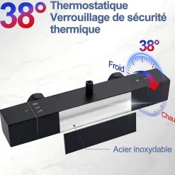 Colonne de Douche Thermostatique Noir 38C Systeme de Douche en Acier Inox Hauteur Reglable 855 a 1105 mm avec Douchette