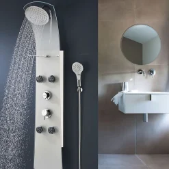 Colonne de douche thermostatique hydromassante 4 buses avec tablette, pomme de tête, douchette 3 jets et flexible, verre blanc, Valentin Nautilus