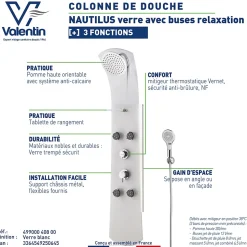 Colonne de douche thermostatique hydromassante 4 buses avec tablette, pomme de tête, douchette 3 jets et flexible, verre blanc, Valentin Nautilus