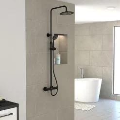 Colonne de douche thermostatique avec pommeau + douchette 2 jets + flexible + barre réglable, noir mat, Galedo Arty