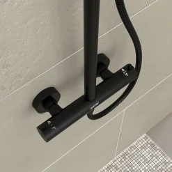 Colonne de douche thermostatique avec pommeau + douchette 2 jets + flexible + barre réglable, noir mat, Galedo Arty