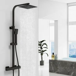 Colonne de douche thermostatique avec pomme de tête, douchette et flexible,noir mat, AICA