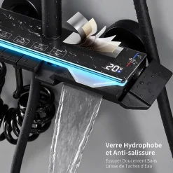 Colonne de Douche Thermostatique avec Étagère Jet Pluie et Cascade Hauteur Réglable 800-1000 mm Verre et Laiton Noir