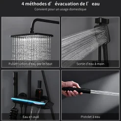 Colonne de Douche Thermostatique avec Étagère Jet Pluie et Cascade Hauteur Réglable 800-1000 mm Verre et Laiton Noir