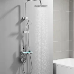 Colonne de Douche Thermostatique avec Étagère Jet Pluie et Cascade Hauteur Réglable 800-1000 mm Verre et Laiton Chromé
