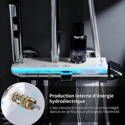 Colonne de Douche Thermostatique avec Étagère Jet Pluie et Cascade Hauteur Réglable 800-1000 mm Verre et Laiton Chromé