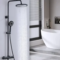 Colonne de Douche Thermostatique Noir Ensemble de Douche Avec Douchette 3 Fonctions Jet Pluie Hauteur Réglable 1006 a 1206 mm