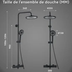 Colonne de Douche Thermostatique Noir Ensemble de Douche Avec Douchette 3 Fonctions Jet Pluie Hauteur Réglable 1006 a 1206 mm
