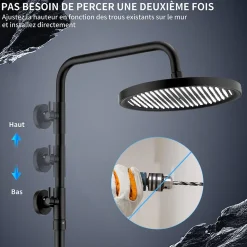Colonne de Douche Thermostatique Noir Ensemble de Douche Avec Douchette 3 Fonctions Jet Pluie Hauteur Réglable 1006 a 1206 mm