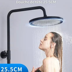 Colonne de Douche Thermostatique Noir Ensemble de Douche Avec Douchette 3 Fonctions Jet Pluie Hauteur Réglable 1006 a 1206 mm
