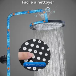 Colonne de Douche Thermostatique Noir Ensemble de Douche Avec Douchette 3 Fonctions Jet Pluie Hauteur Réglable 1006 a 1206 mm