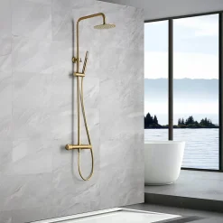 Colonne de douche thermostatique or brosse acier et laiton PVD avec flexible et douchette