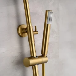 Colonne de douche thermostatique or brosse acier et laiton PVD avec flexible et douchette