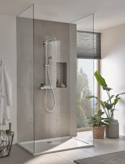 Colonne de douche thermostatique avec pommeau + douchette 3 jets + flexible + barre réglable, chrome, Grohe Vitalio Joy System 260