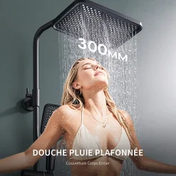 Colonne de Douche Thermostatique 38C avec Etageres Tete de Douche Pluie et Douchette Hauteur Reglable 1000 a 1240 mm Inox Noir