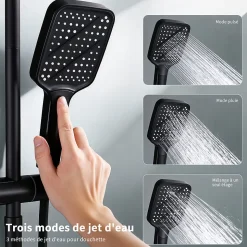 Colonne de Douche Thermostatique 38C avec Etageres Tete de Douche Pluie et Douchette Hauteur Reglable 1000 a 1240 mm Inox Noir