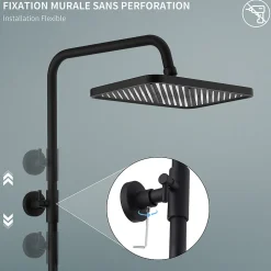 Colonne de Douche Thermostatique 38C avec Etageres Tete de Douche Pluie et Douchette Hauteur Reglable 1000 a 1240 mm Inox Noir