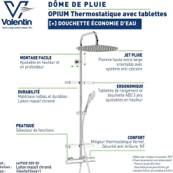 Colonne de douche thermostatique avec tablettes, pomme de tête large, douchette et flexible, chrome, Valentin Opium