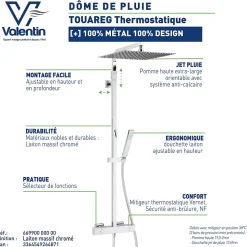 Colonne de douche thermostatique avec pomme de tête, douchette et flexible, chrome, Valentin Allure