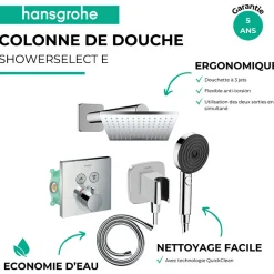 Colonne de douche thermostatique HANSGROHE ShowerSelect E Douche de tête Vernis Shape Flexible Isiflex Douchette Pulsify chromé