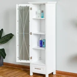 Colonne de rangement en effet bois blanc avec portes en verre
