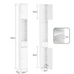 Colonne de Salle de Bain Étroite Hydrofuge avec Étagères et Tiroirs Réglables - Armoire Gain de Place Blanche