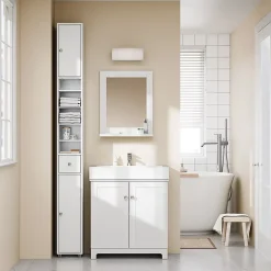 Colonne de Salle de Bain Étroite Hydrofuge avec Étagères et Tiroirs Réglables - Armoire Gain de Place Blanche